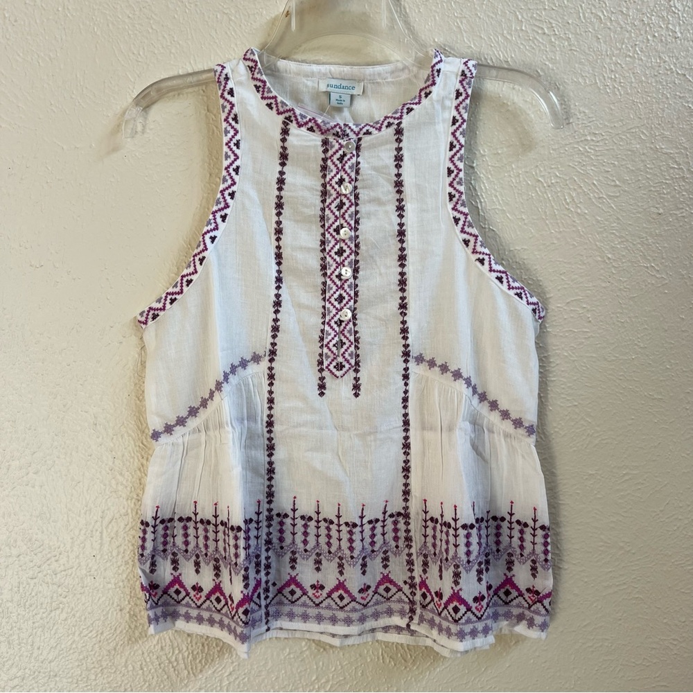 Sundance White Tank Top with Pink & Purple Embroidery